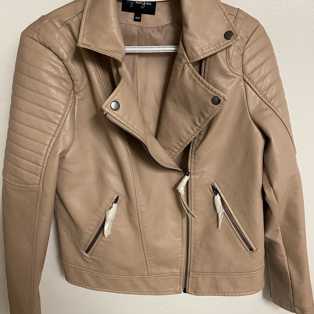 Tan Pleather Moto Jacket with Quilted Shoulders